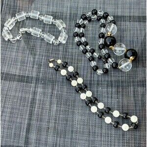 Vintage Lot Of 3 Lucite~Acrylic Chunky Bead Necklaces. Black, White, Clear